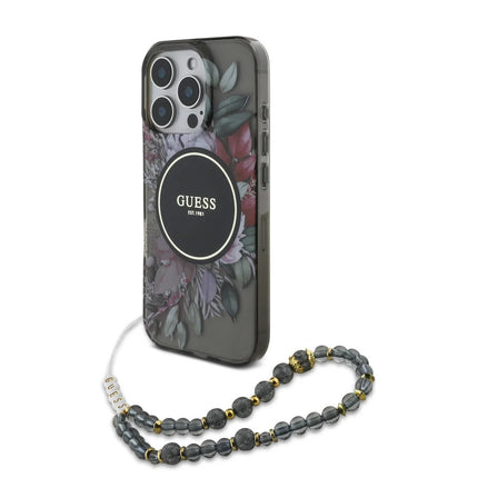 Guess iPhone 16 Pro Max Backcover hoesje Magsafe IML Flowers with pearl strap - Zwart