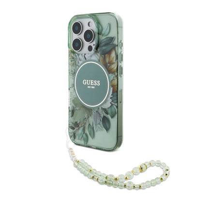 Guess iPhone 16 Pro Max Backcover hoesje Magsafe IML Glitter with pearls strap - Groen