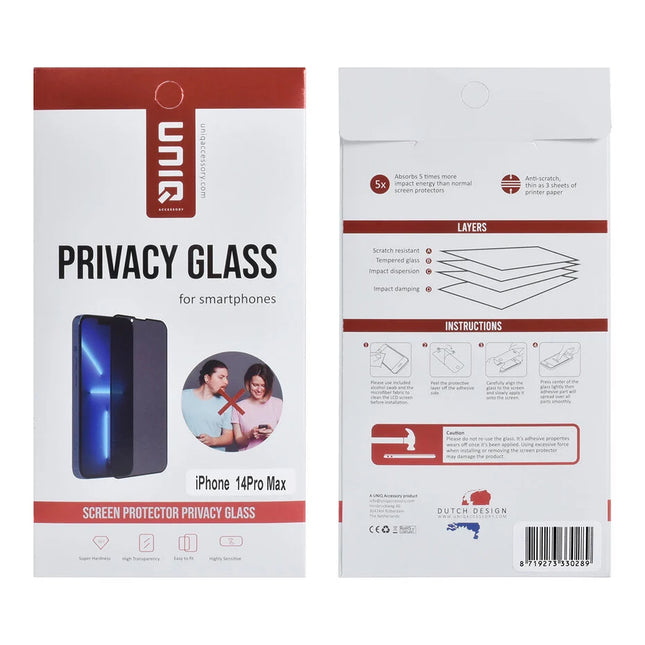 Box van 10 - UNIQ Accessory iPhone 14 Pro Max Privacy Glass Screenprotector - Zwart